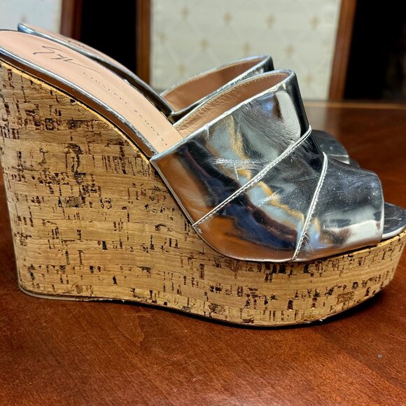 Fun Giuseppe Zanotti Mirror Cork Platform Wedges EU 38.5 GUC - Picture 1 of 10